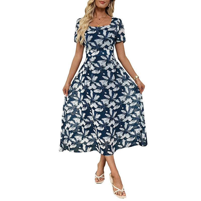 Summer French square-neck temperament elegant retro printed waist dress for women