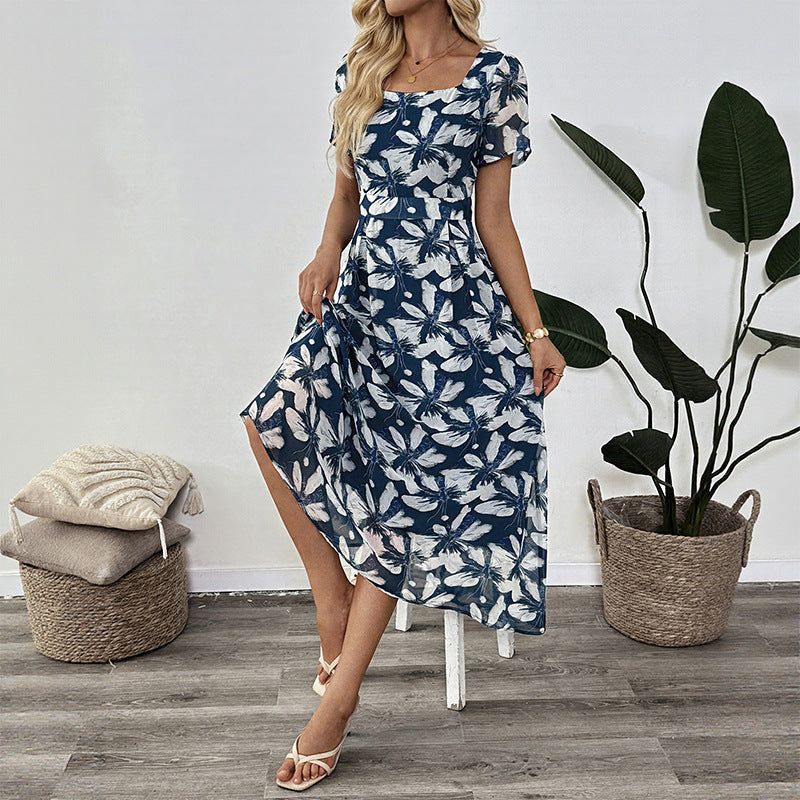 Summer French square-neck temperament elegant retro printed waist dress for women