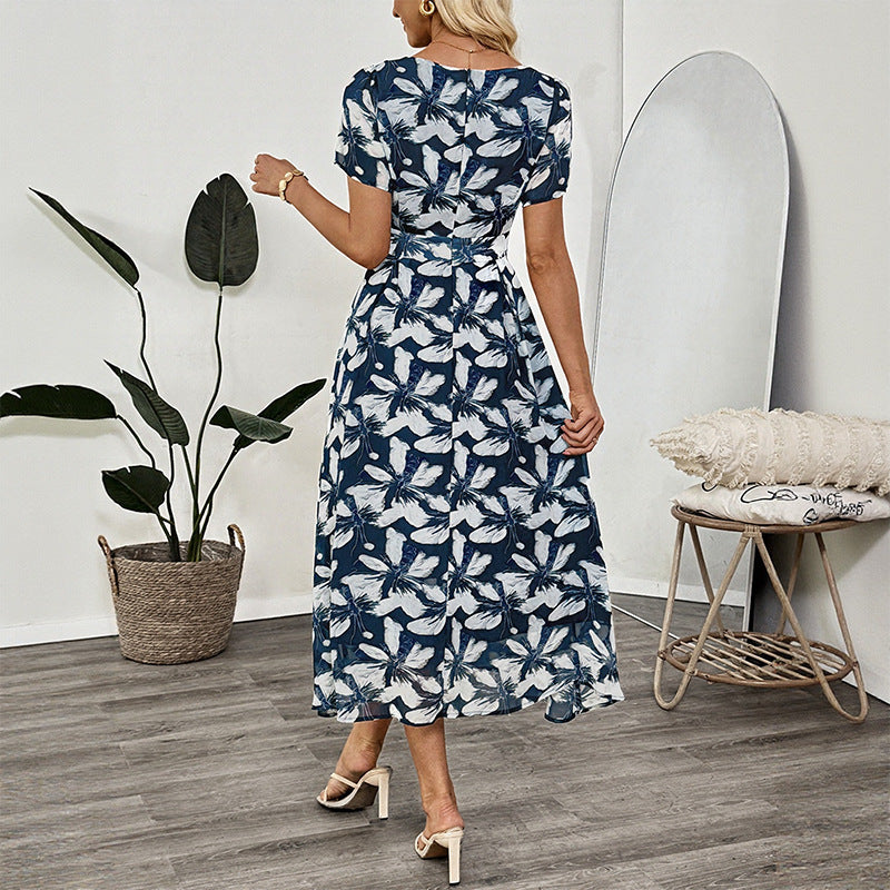 Summer French square-neck temperament elegant retro printed waist dress for women