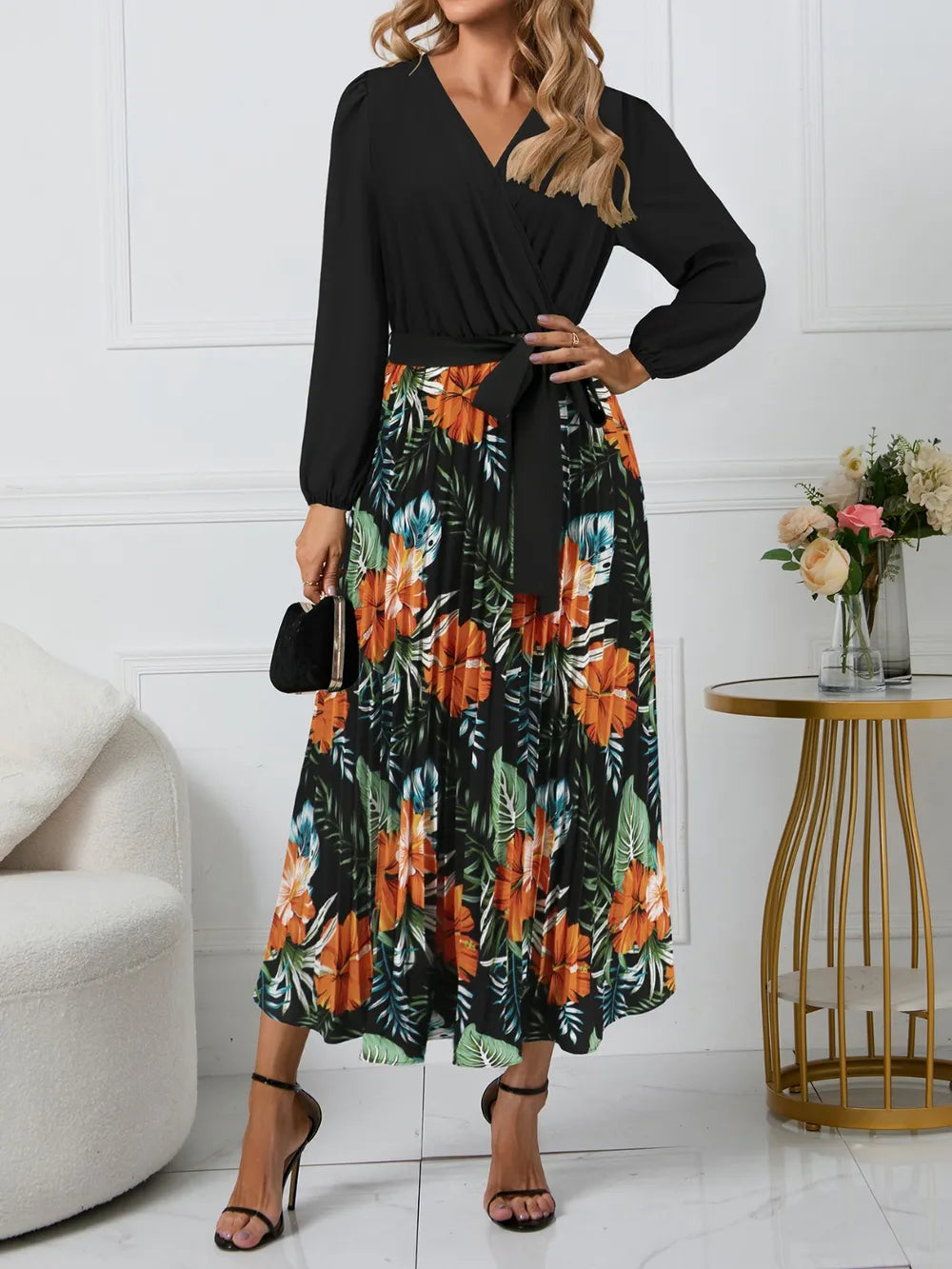 Pleated Printed Surplice Long Sleeve Dress
