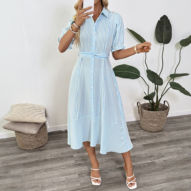 Commuting style shirt with bubble sleeves lapel striped dress women's summer long dress