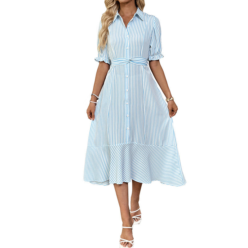 Commuting style shirt with bubble sleeves lapel striped dress women's summer long dress